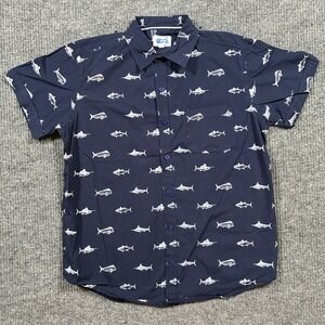 UZZI Amphibious Gear Mens Button Up Shirt Size M Blue Fish Print Short Sleeve